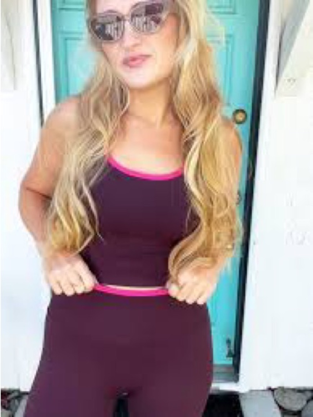 Fabletics Plum Sports Crop with Pink Trim - Picture 5 of 8